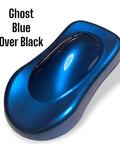 Automotive Basecoat Pigment Powder Ghost Blue Pearl Includes Mixing Spoon shown in deep blue shade on paint sample.
