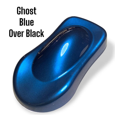 Automotive Basecoat Pigment Powder Ghost Blue Pearl Includes Mixing Spoon shown in deep blue shade on paint sample.