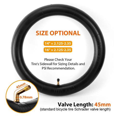 Rugged Heavy Duty 16x2.125 Inch E Bike Inner Tube With Bent Valve Stem shown with size options and valve details