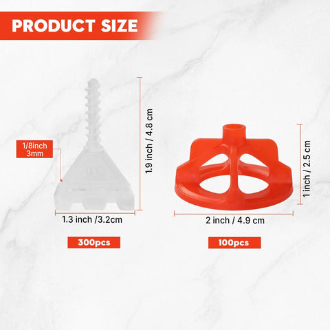 Tile Leveling System 1/8 Inch With 300 Spacers And 100 Red Cap Clips sizes shown in inches and centimeters