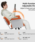 Young man sitting in Criss Cross Office Chair With Wheels And Armrests, Laptop Tray, Multi Position Recliner, showing backrest tilt adjustment.