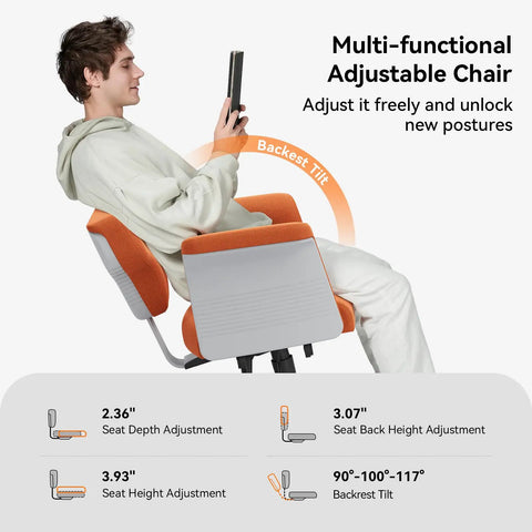 Young man sitting in Criss Cross Office Chair With Wheels And Armrests, Laptop Tray, Multi Position Recliner, showing backrest tilt adjustment.