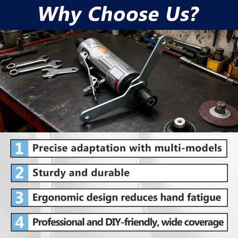 Six Pack 301-69A And 301-69B Pneumatic Die Grinder Wrench Tool Set displayed on a workbench with featured benefits.