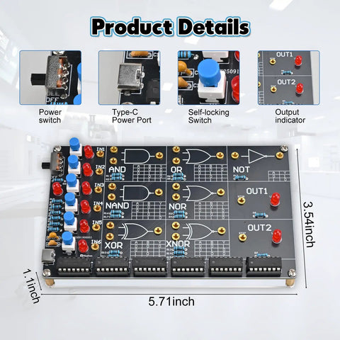 DIY Logic Gate Soldering Kit For Beginners With Interactive LED Simulation circuit board with labeled logic gates and switches.