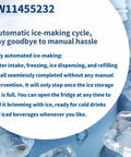 W11455232 Ice Maker Replacement For Refrigerator featured text and ice cubes, highlighting automatic ice-making cycle benefits.