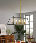Industrial 5-Light Linear Pendant Light For Kitchen Island And Farmhouse Dining Room, Black Metal Fixture with plants and dining table