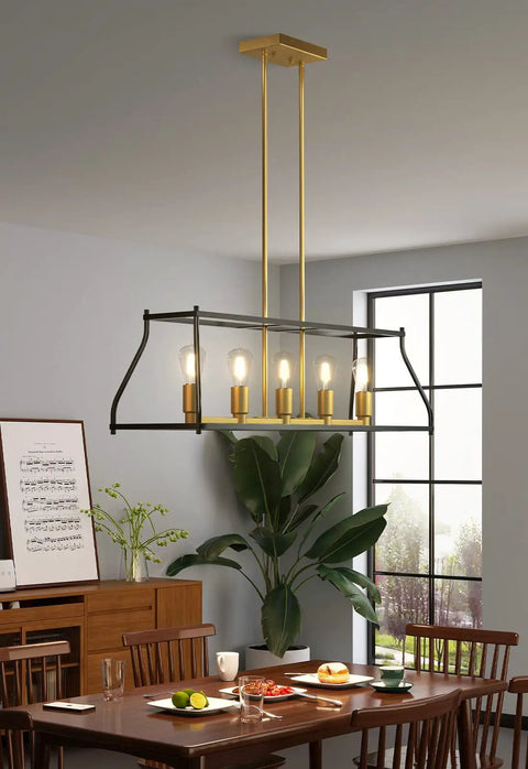 Industrial 5-Light Linear Pendant Light For Kitchen Island And Farmhouse Dining Room, Black Metal Fixture with plants and dining table