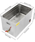 Professional Grade 30 Liters Stainless Steel Ultrasonic Cleaner With Built In Heater And Digital Timer for Jewelry, featuring dimensions and dual baskets.