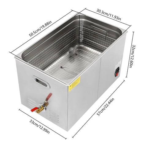 Professional Grade 30 Liters Stainless Steel Ultrasonic Cleaner With Built In Heater And Digital Timer for Jewelry, featuring dimensions and dual baskets.