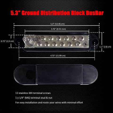 Beefy Heavy Duty Quarter Inch Stud Power Distribution Block Bus Bar With Cover For Car Audio Boat Solar 150 Amp 12V Marine Battery Distribution Block Includes 12 Stainless Terminal Screws And Heat Resistant ABS Base, 5.3-inch ground busbar with cover