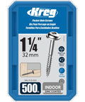 1-1/4 Inch Fine Thread Zinc Pocket Hole Screws With Maxi-Loc Head For Indoor Woodworking, 500 Count Pack in blue box
