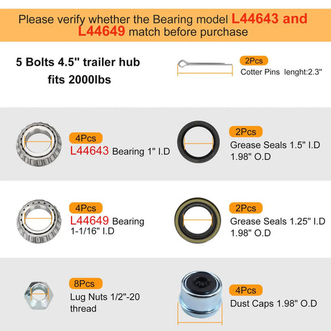 Heavy Duty 2000Lb Trailer Hub Kit With Five Lug Four And Half Inch Bolt Pattern For Straight Spindle Fits One Inch Or One And One Sixteenth Inch Axles Includes Grease Seals And L44643 L44649 Bearings For Boat And Utility Trailers Ready To Roll image showing components including bearings, grease seals, cotter pins, and lug nuts.