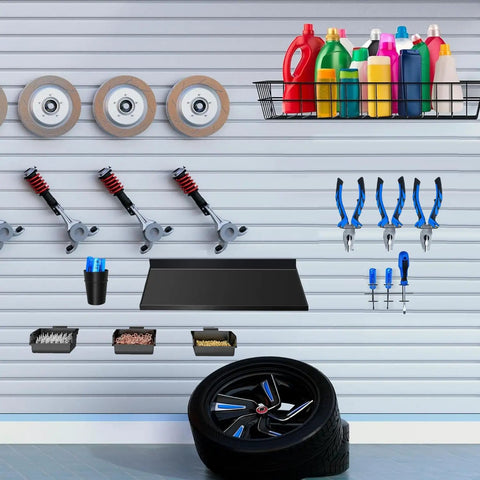 40 Piece Slatwall Accessories Kit with two shelves, six storage bins, bin hooks, fifteen slatwall hooks, basket, tool holders