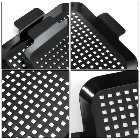 Heavy Duty Nonstick Grill Pan Set For Outdoor Barbecue Cooking Includes Two Durable Carbon Steel Trays, perforated design details.