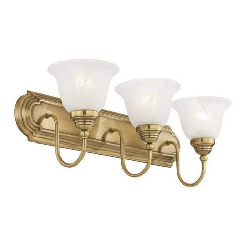 Antique Brass Bath Vanity Light With White Alabaster Glass Shades 24 Inch Wide Eight And A Half Inch Deep Four Point Seven Five Inch Back Plate Classic Steel Build Model 1003 01 Perfect For A Bright Modern Meets Vintage Bathroom Vibe.