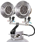 Portable 30,000 BTU Propane Tank Top Heater with infrared dual burners, safety shut-off valve, and tip-over switch shown on tank.