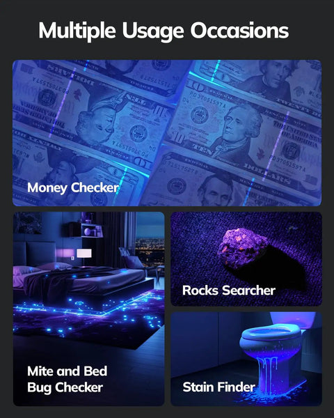 Collage showing uses of Ultraviolet Blacklight Flashlight Set Of 2 With 12 LED 395nm UV Light: money checker, stain finder, bed bug inspection.