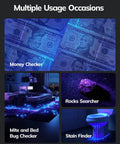 Four Pack UV Blacklight Flashlights With Twelve LED 395nm Ultraviolet Detectors For Revealing Pet Urine And Stains In Carpets Clothes And Laundry Portable Handheld Stain Finder For Home Cleaning showcasing multiple uses like money and stain detection, rock searching, and bed bug checking.