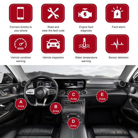 Bluetooth OBD2 Scanner For Cars With Real Time Diagnostics Read And Clear Engine Fault Codes Wireless Code Reader Tool dashboard view.