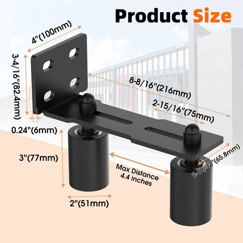 Heavy Duty Sliding Gate Guide Roller Hardware Kit With 3 Inch Black Nylon Wheels And Steel L Bracket, Built Tough And Adjustable Gate Roller For Rolling Doors, Wood Or Garage Use, with measurements showing size and dimensions of components.