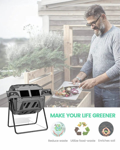 Man using Dual Chamber Outdoor Compost Bin No Fuss 43 Gallon Capacity Rotating Aerated Compost Tumbler BPA Free in garden