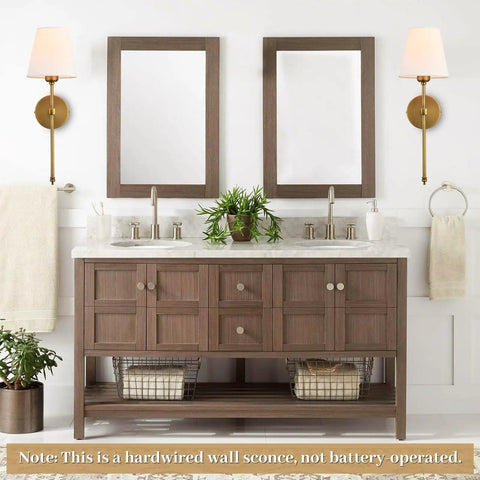 Bathroom with two mirrors and two pack hardwired brushed brass wall sconces with fabric shade, vanity light fixture, gold finish
