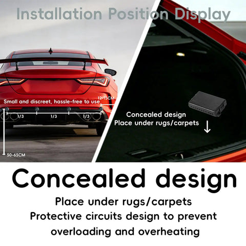 Forward and Reverse Parking Sensor System With Inches Distance Option installed under car bumper and trunk rug.
