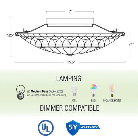 Technical diagram of Dope Tiffany Style 16 Inch Flush Mount Ceiling Light With Dragonfly Pattern Black Finish Two Lights