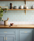 Kitchen with light blue cabinets featuring 5 Pack Brass Champagne Gold Square Cabinet Pulls For Kitchen Cabinets And Drawers, 4 Inch Overall Length, 1/2 Inch Width, 1.4 Inch Projection, 2-1/2 Inch Hole Center, Durable Stainless Steel Screws.