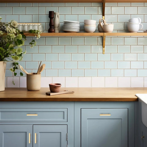 Kitchen with light blue cabinets featuring 5 Pack Brass Champagne Gold Square Cabinet Pulls For Kitchen Cabinets And Drawers, 4 Inch Overall Length, 1/2 Inch Width, 1.4 Inch Projection, 2-1/2 Inch Hole Center, Durable Stainless Steel Screws.