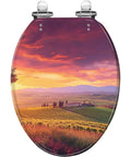 Elongated Slow Close Toilet Seat Farmhouse Style for Bathroom, with a scenic vineyard sunset design.