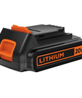 20V Max 15 Ah Lithium Ion Rechargeable Power Tool Battery side view, black and orange design for compatible cordless tools.