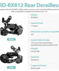 Image showing front and back of Rear Derailleur RD RX812 11 Speed For Gravel Road Bikes, highlighting 42T max compatibility and design.