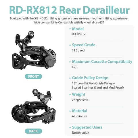 Image showing front and back of Rear Derailleur RD RX812 11 Speed For Gravel Road Bikes, highlighting 42T max compatibility and design.