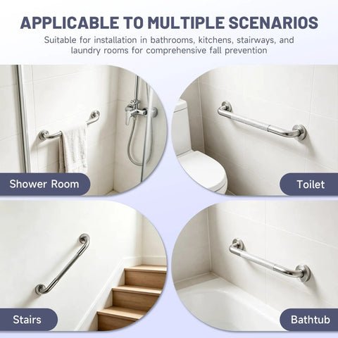 16 Inch Shower Grab Bars 2 Pack Brushed Nickel Safety Supports shown in shower, toilet, stairs, and bathtub settings.