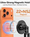 All Metal MagSafe Tripod Mount With 360 Degree Adjustable Phone Holder demonstrating 22 N52 magnets on iPhone