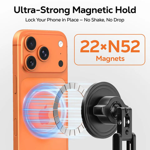All Metal MagSafe Tripod Mount With 360 Degree Adjustable Phone Holder demonstrating 22 N52 magnets on iPhone
