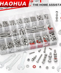 Must Have All In One Hex Head Bolt Kit M3 Through M6 With Nylon Lock Nuts And Washers, 858 Piece Metric Fastener Set For Home Auto And DIY Projects, 17 Sizes From 8mm To 40mm Ready For Any Repair Job. 304 stainless steel assortment box with bolts, nuts, washers, and wrenches