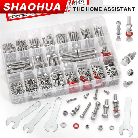Must Have All In One Hex Head Bolt Kit M3 Through M6 With Nylon Lock Nuts And Washers, 858 Piece Metric Fastener Set For Home Auto And DIY Projects, 17 Sizes From 8mm To 40mm Ready For Any Repair Job. 304 stainless steel assortment box with bolts, nuts, washers, and wrenches