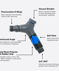 Comfort Grip VB Hose Connector With Built In Vacuum Breaker And Ball Valve, Backflow Prevention, ergonomic no slip grip, shown with labels.