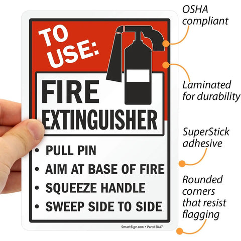 7x5 Inch Fire Extinguisher Instruction Stickers Pack, Pull Pin, Aim at Base, Squeeze Handle, 5 Mil Laminated Polyester With SuperStick Adhesive, Red Black White