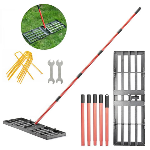 Lawn Leveling Rake With 78 Inch Adjustable Steel Handle And 30x10 Ground Plate For Yard Grass Soil Dirt Or Golf Course Turf, Heavy Duty Pro Grade Tool To Smooth And Level Uneven Ground, shown with assembly parts and stakes.