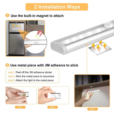 Battery Operated Motion Sensor Light For Indoor Use, Magnetic Under Cabinet Strip, adhesive installation guide shown