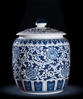 Heavy Duty Ceramic Grain Storage Jar With Lock Tight Seal keeps rice, flour, snacks, and coffee beans fresh in blue and white chinoiserie design.