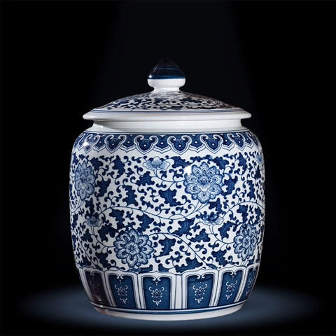 Heavy Duty Ceramic Grain Jar With Tight Seal Lid, Big Kitchen Rice And Cereal Dispenser for coffee beans, decorative blue floral design.
