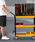 3 Tier Rolling Tool Cart With 660 Lb Capacity, Heavy Duty Steel Utility Cart On Wheels, Pegboard With 15 Hooks, Built Tough For Garage, Warehouse And Workshop, Bright Yellow, shown loaded with tools
