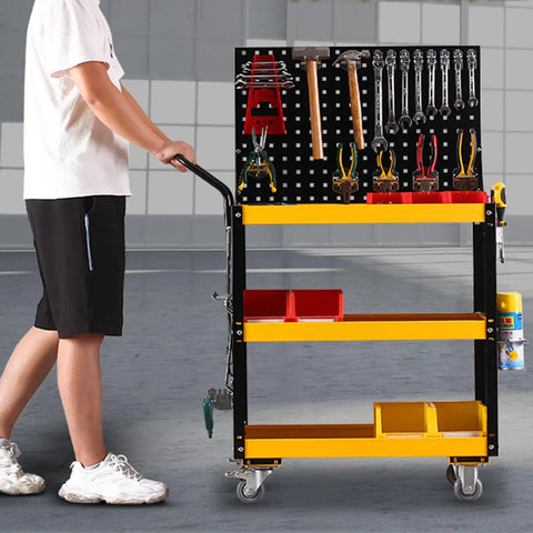 3 Tier Rolling Tool Cart With 660 Lb Capacity, Heavy Duty Steel Utility Cart On Wheels, Pegboard With 15 Hooks, Built Tough For Garage, Warehouse And Workshop, Bright Yellow, shown loaded with tools