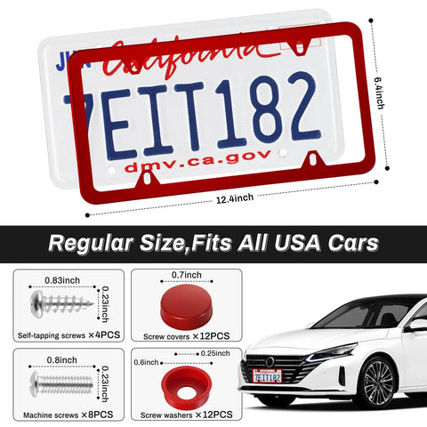 Stainless Steel 4 Hole License Plate Frames For US Vehicles Red With Screws Washers And Caps Rust Resistant
