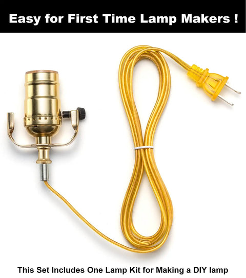 DIY Lamp Rewire Kit With 12 Ft Cord, 3-Way Brass Socket shown with yellow cord, ideal for table and floor lamps.