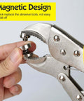 Heavy Duty Snap Fastener Pliers Set With Adjustable Setter And 3 Interchangeable Dies showcasing tool gripping a metal die